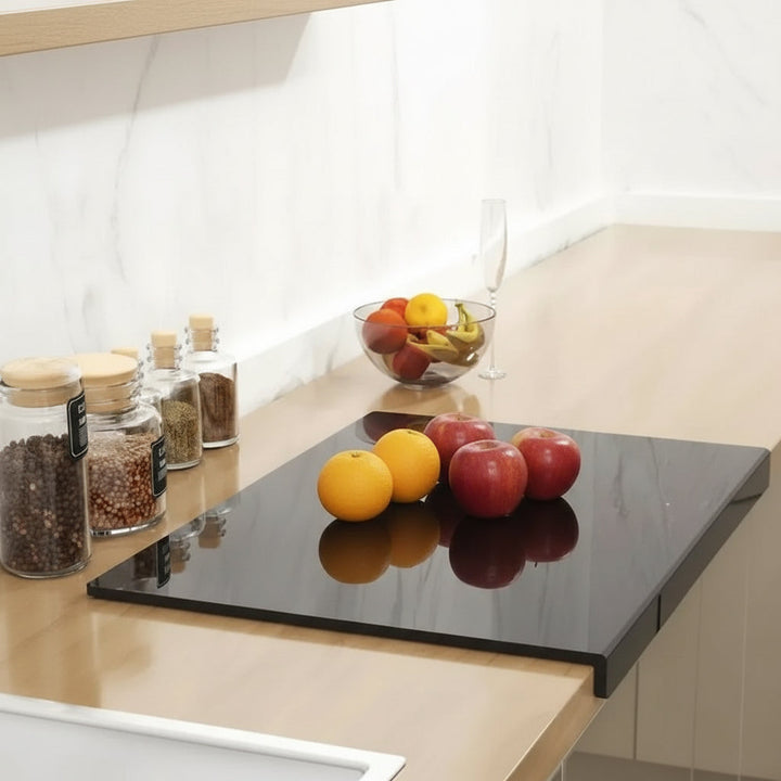 Clear acrylic cutting board with lip, protects countertops during cooking & food prep.