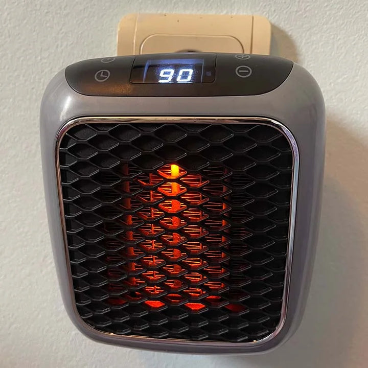 Close-up of Hulvio compact heater with digital display, highlighting safety features