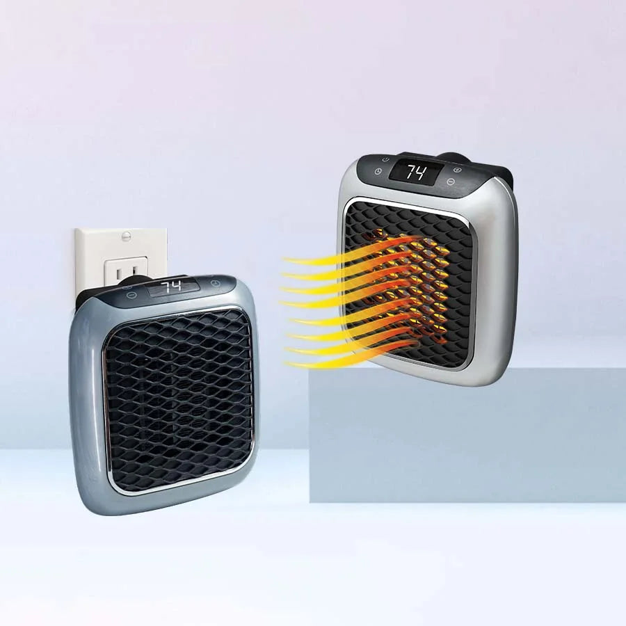 Compact electric heater, fast-acting and energy-saving, shown on a bedside table