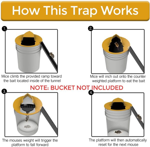 Reusable bucket lid mouse trap for effective, non-toxic rodent control & home safety.