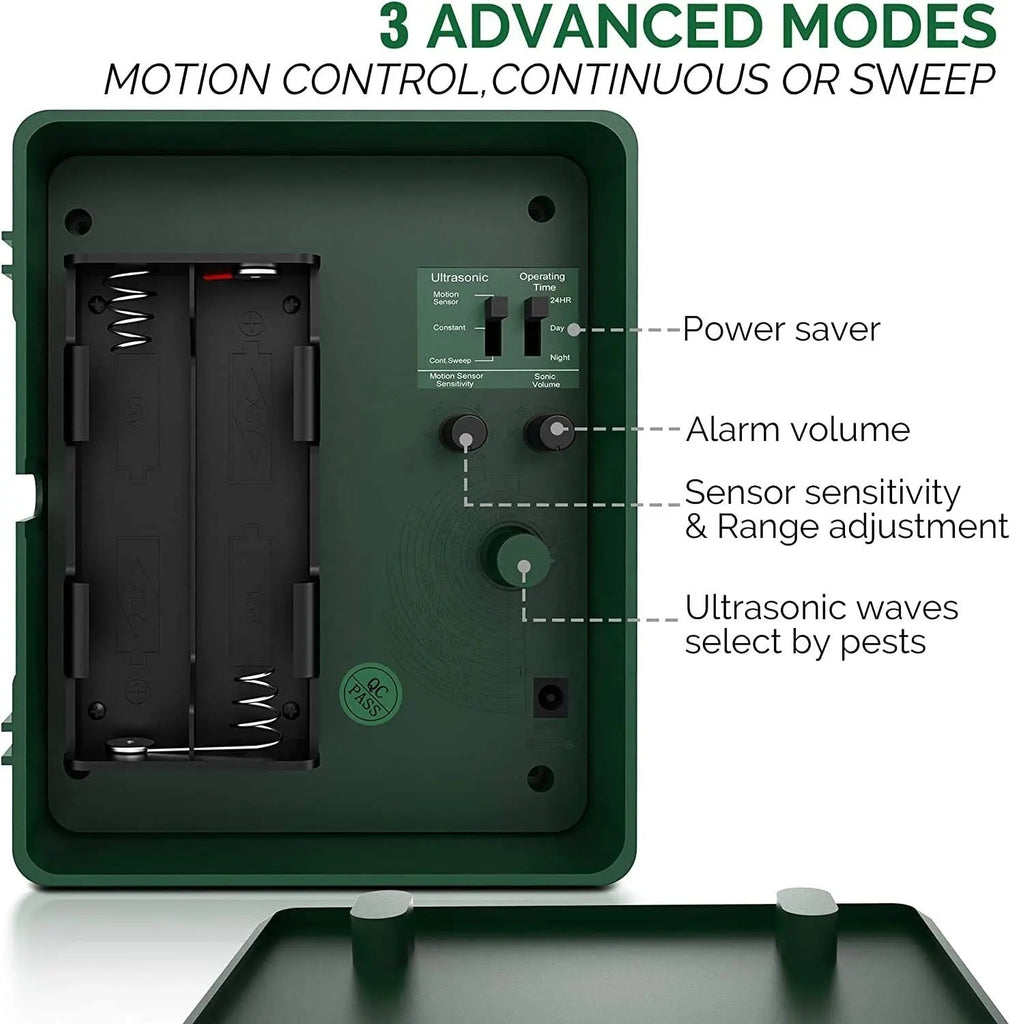 Humane outdoor ultrasonic pest repeller for birds and woodpeckers. Solar-powered yard defense.