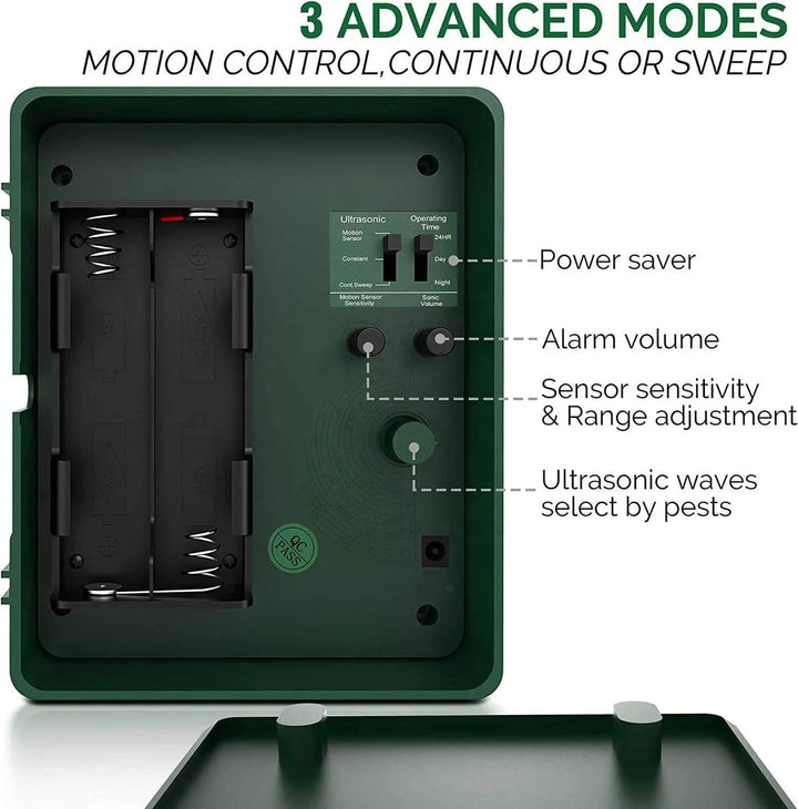 Humane outdoor ultrasonic pest repeller for birds and woodpeckers. Solar-powered yard defense.