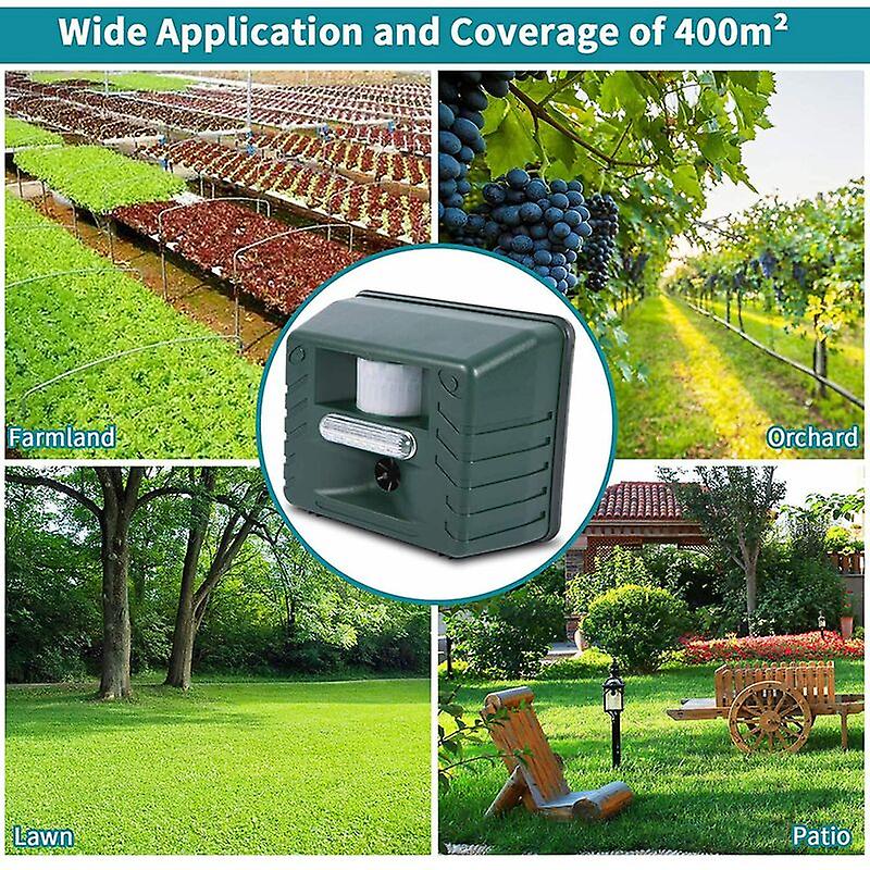 Solar humane ultrasonic repeller for effective bird and woodpecker control. Outdoor garden defense.