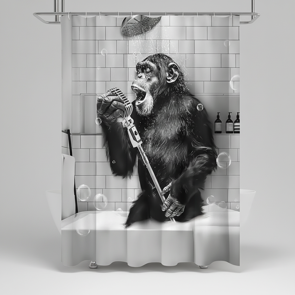Decorative polyester shower curtain with a funny monkey print, perfect for easy clean bathrooms
