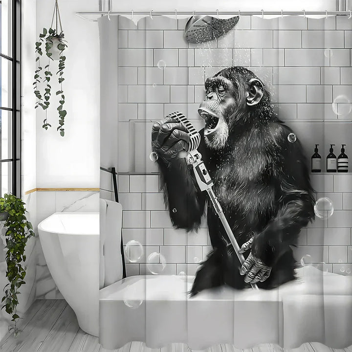 Close-up of a humorous monkey on a waterproof shower curtain, ideal for home decor
