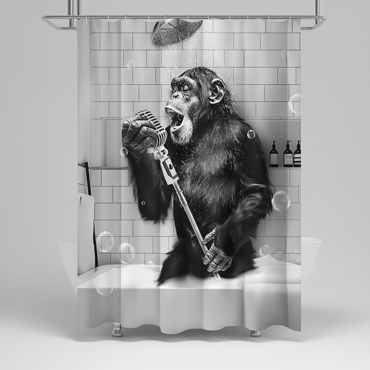 Full view of 'ShowerChimp' monkey print shower curtain, a unique bathroom accessory