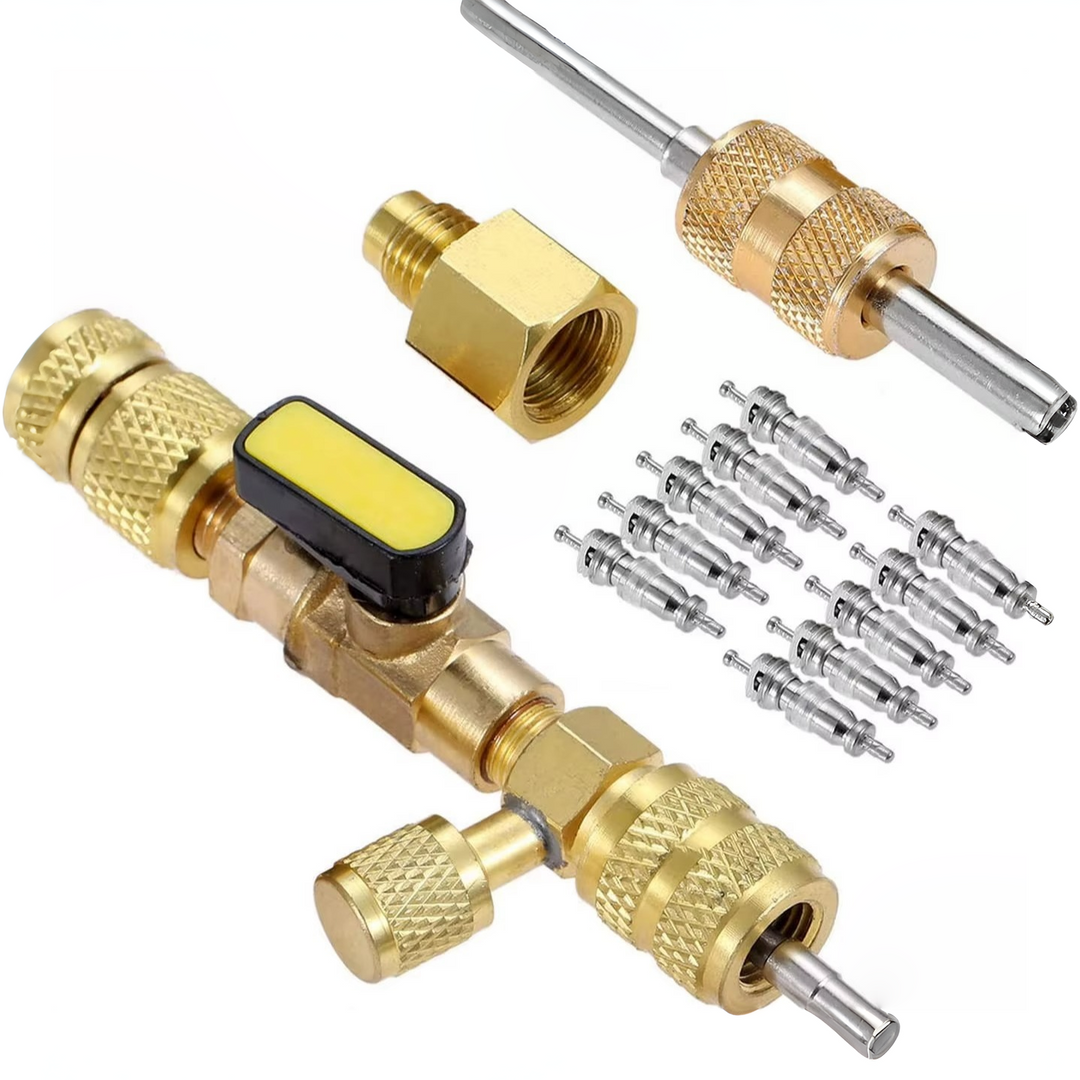 Dual size professional HVAC valve core remover installer for refrigerant maintenance tasks.