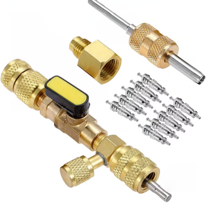 Dual size professional HVAC valve core remover installer for refrigerant maintenance tasks.
