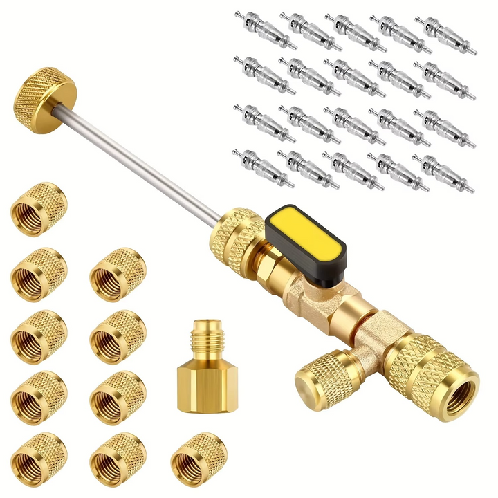 Tool for quickly removing & installing HVAC valve cores in refrigerant lines during service.