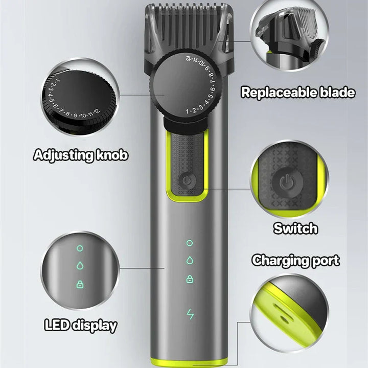 Unisex HydroTrim grooming kit featuring a versatile cordless hair clipper and beard trimmer.