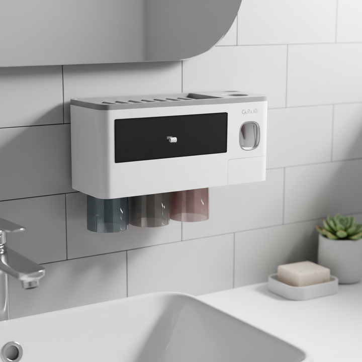 HygiaHolder wall-mounted toothbrush holder with automatic dispenser, modern bathroom organizer.