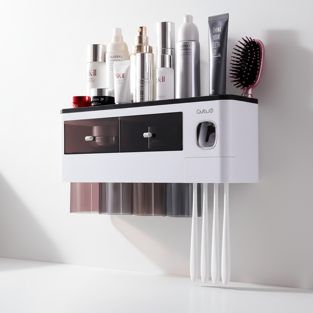 Compact HygiaHolder automatic dispenser and toothbrush organizer, sleek design.