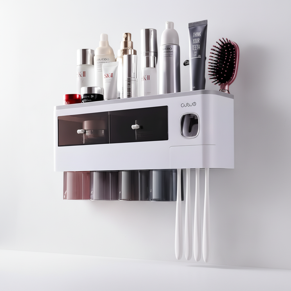 HygiaHolder: a space-saving wall-mounted toothbrush holder with innovative auto-dispenser.