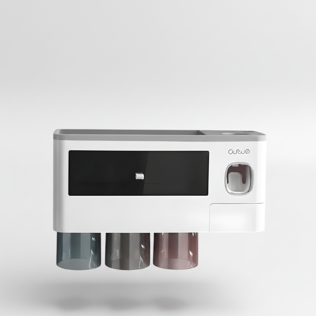 Family bathroom wall mount toothbrush holder with toothpaste dispenser for hygiene.