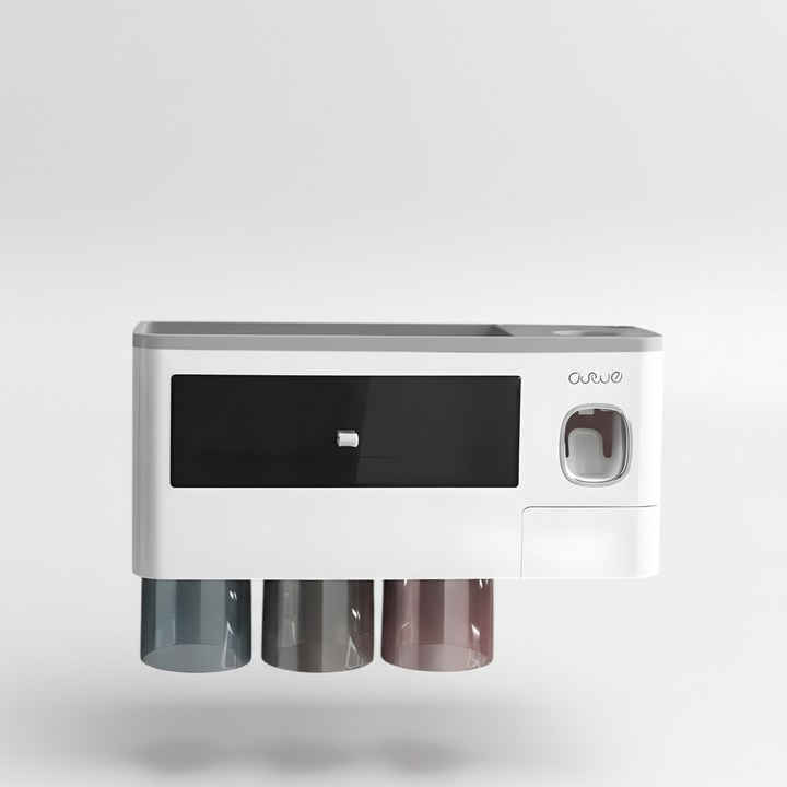 Family bathroom wall mount toothbrush holder with toothpaste dispenser for hygiene.