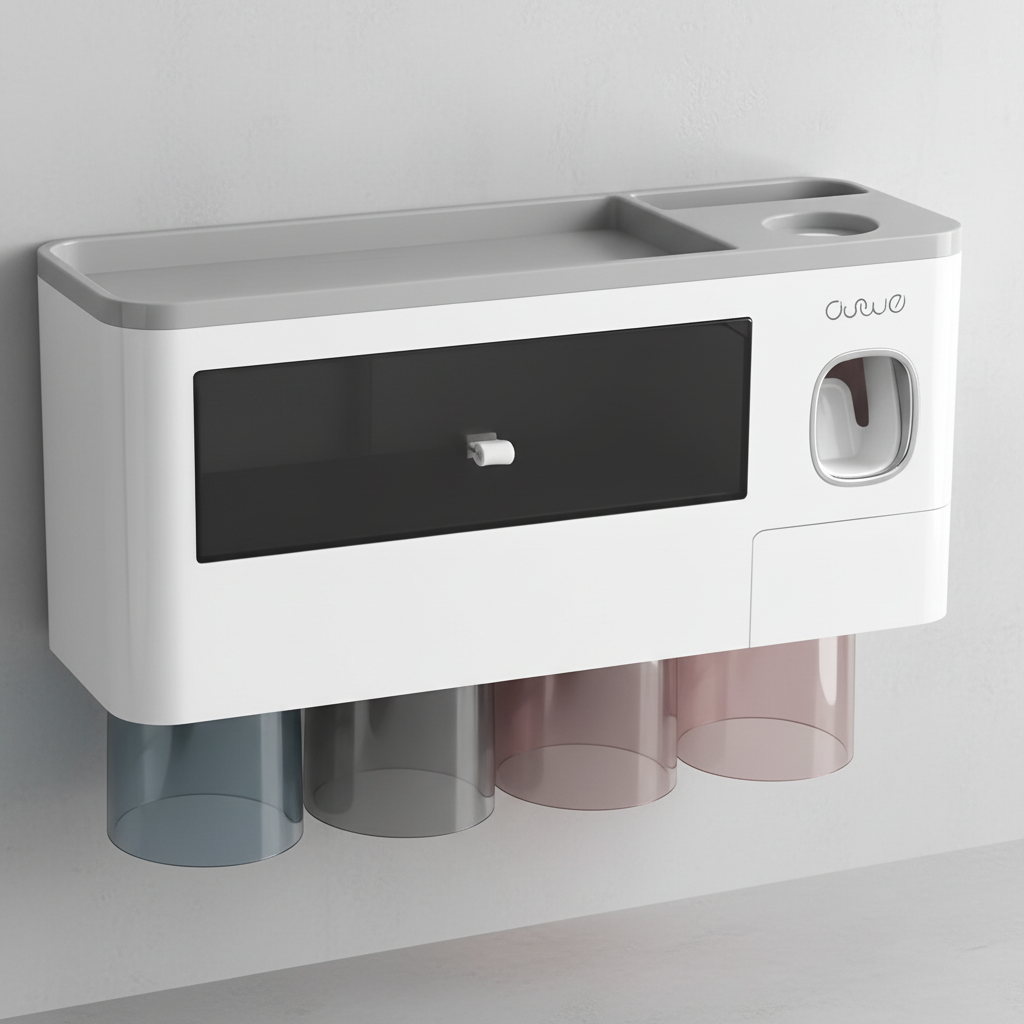 Space-saving HygiaHolder automatic toothpaste dispenser and toothbrush organizer.