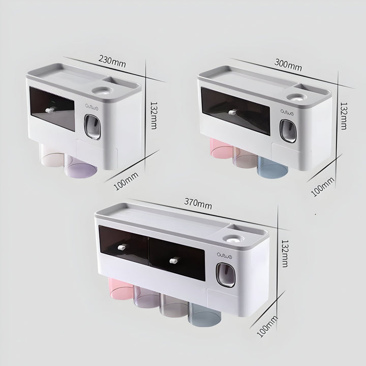 Modern bathroom with HygiaHolder wall-mounted organizer for toothbrushes and toothpaste.