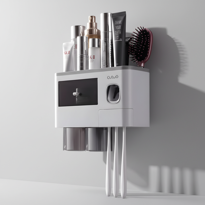 Practical HygiaHolder wall-mounted toothbrush organizer, promoting family bathroom hygiene.