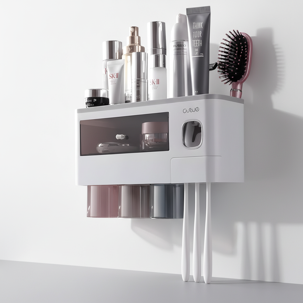 Installation view of HygiaHolder wall-mounted toothbrush holder, easy attachment.