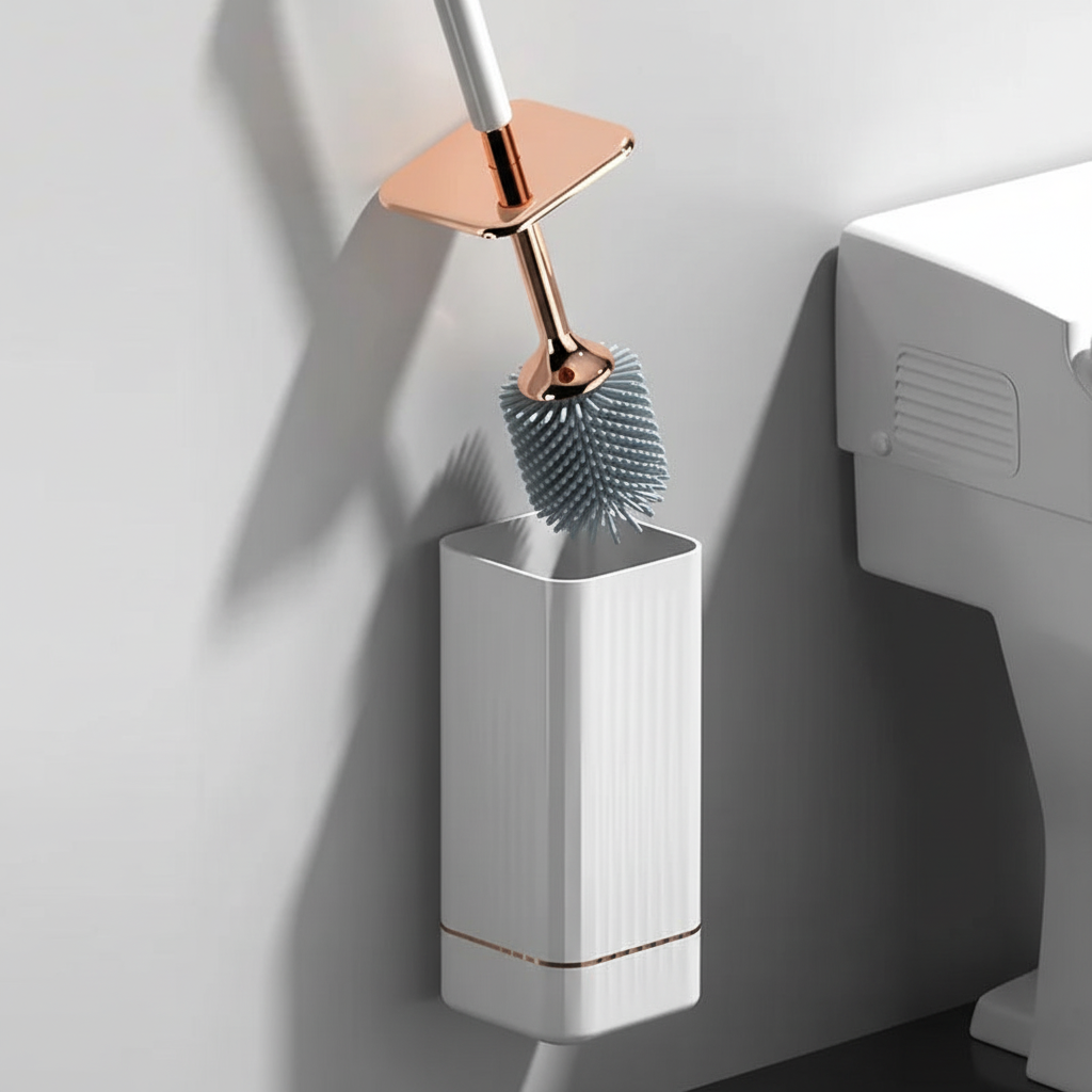 Close-up of HygiaMount toilet brush silicone bristles and fast-drying ventilated holder for hygiene