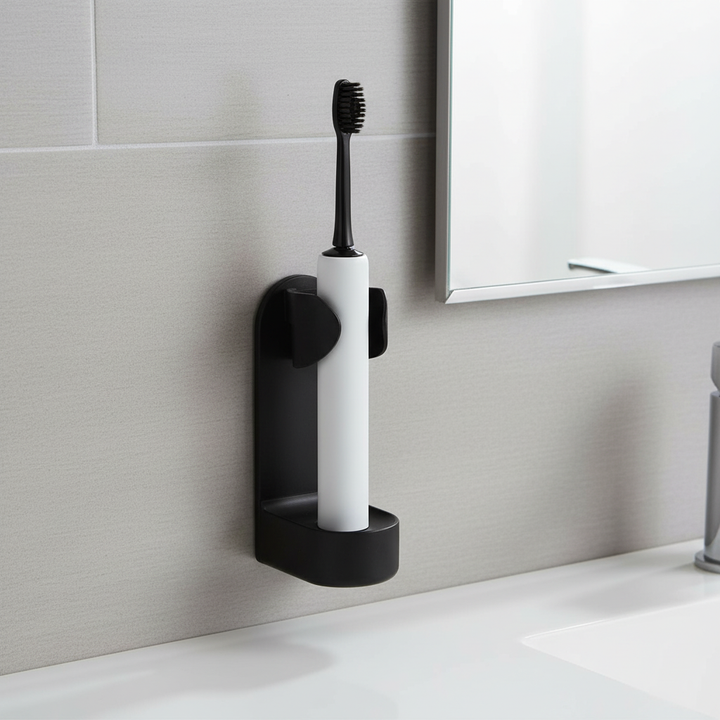 HygienStay non-drill adhesive toothbrush holder for bathroom organization, wall-mounted to save space.