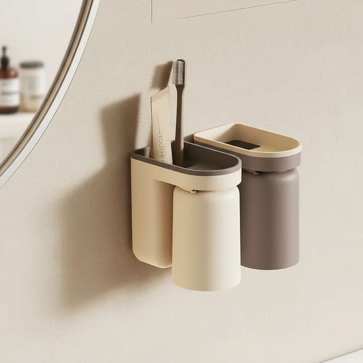 HygioDock magnetic toothbrush cup holder, white, drill-free, space-saving bathroom organizer
