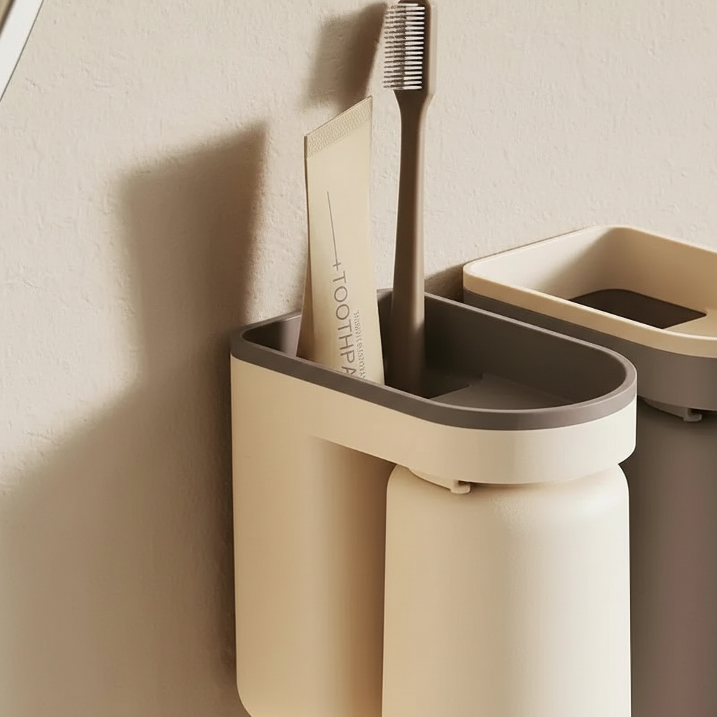 Adhesive mount magnetic HygioDock cup holder for toothbrushes, sleek and space-saving design