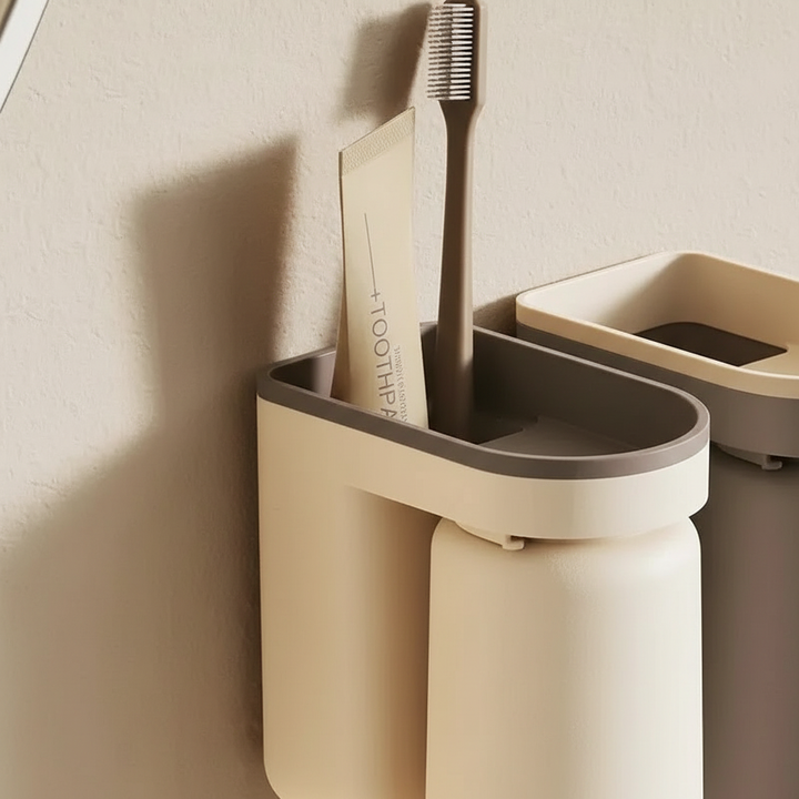 Adhesive mount magnetic HygioDock cup holder for toothbrushes, sleek and space-saving design