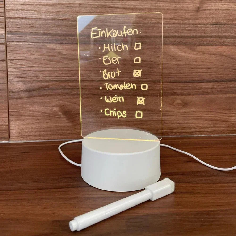 Stylish GlowPad illuminated message board with LED lighting, ideal for creative notes, lists & desk decor.