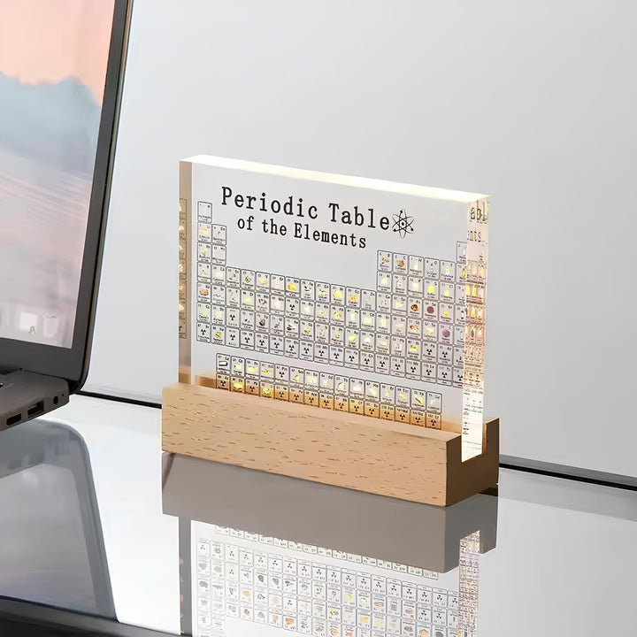 Full display of the Illuminated Periodic Table with Real Elements, a stunning piece of science decor