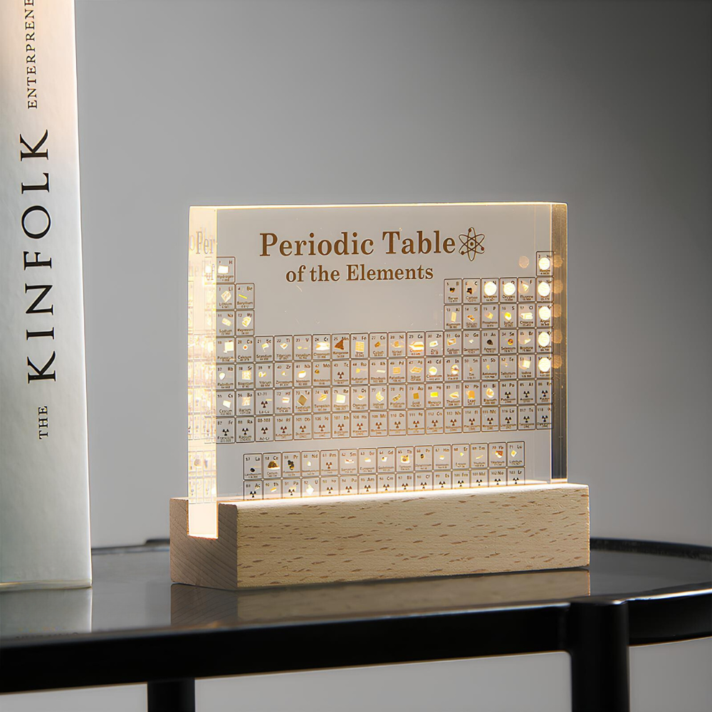 Illuminated Periodic Table with Real Elements, a science decor for education and display