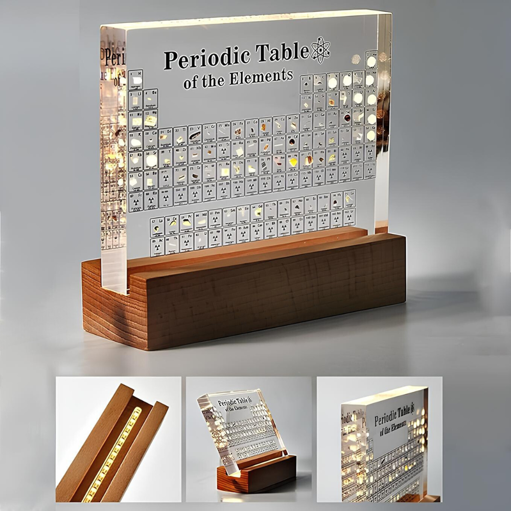Real element periodic table, illuminated for detailed study and scientific home decor