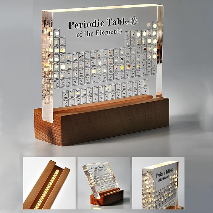 Real element periodic table, illuminated for detailed study and scientific home decor
