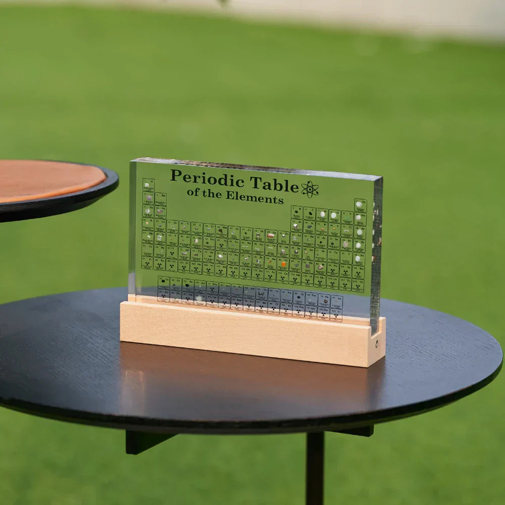 Close-up of Elementa Illuminated Periodic Table, showcasing real embedded elements and acrylic design