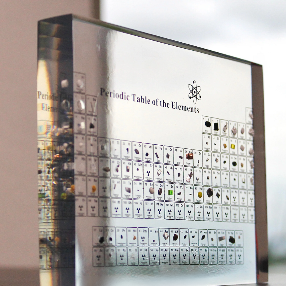 Modern illuminated periodic table, a unique educational display with embedded real elements