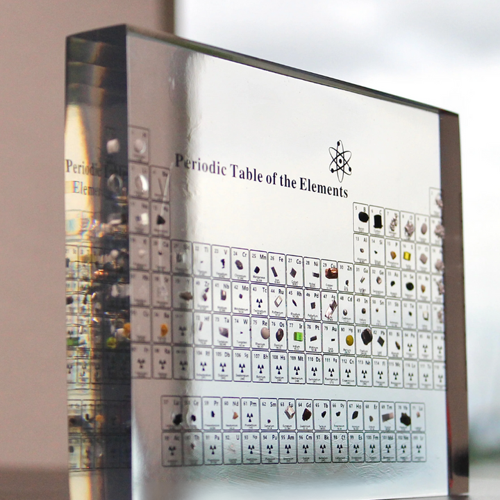 Modern illuminated periodic table, a unique educational display with embedded real elements