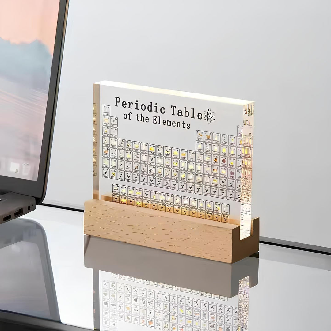 Brightly lit periodic table, highlighting real elements for an immersive learning experience