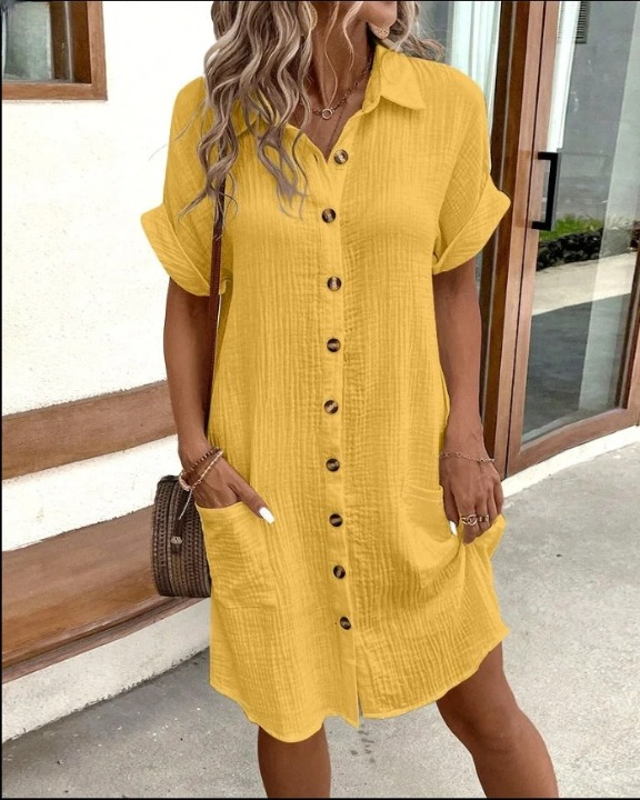Women's Comfortable Summer Dress with Button Closure & Short Sleeves