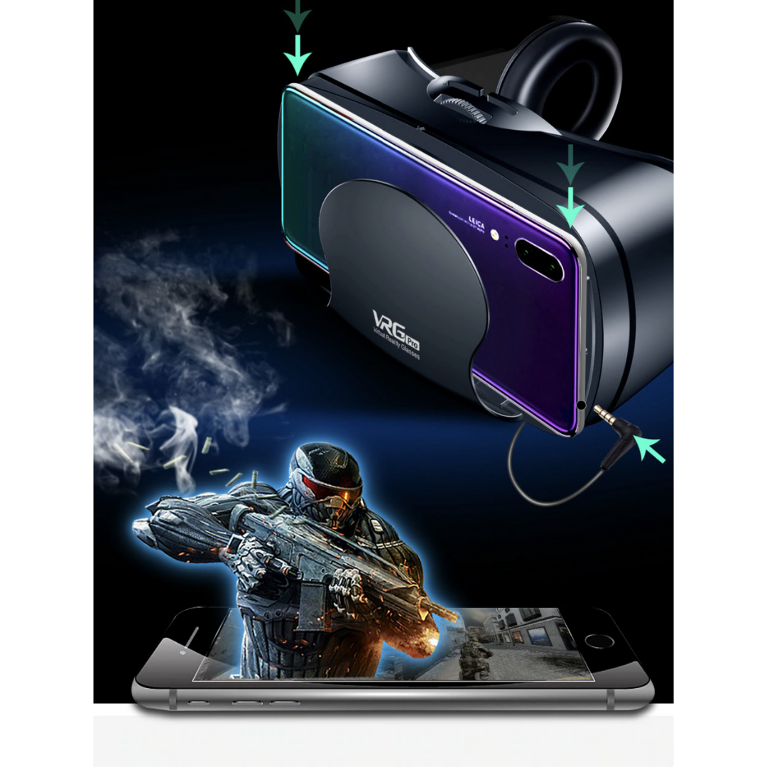 Complete virtual reality kit for smartphones. VR headset with headphones, compatible with iOS & Android devices.