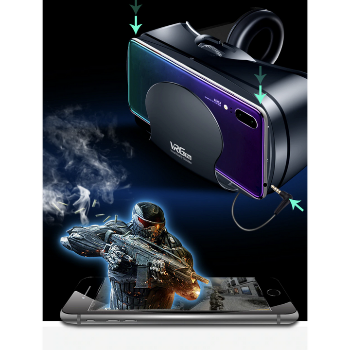 Complete virtual reality kit for smartphones. VR headset with headphones, compatible with iOS & Android devices.