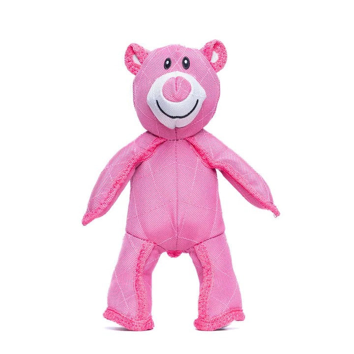 Interactive pink bear dog toy, perfect for heavy chewers. Durable and engaging for active play.
