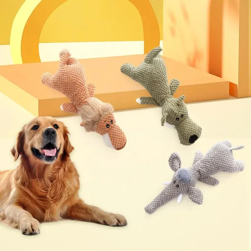 Indestructible plush dog chew toy for aggressive chewers. Durable squeaky pet supply for strong dogs.