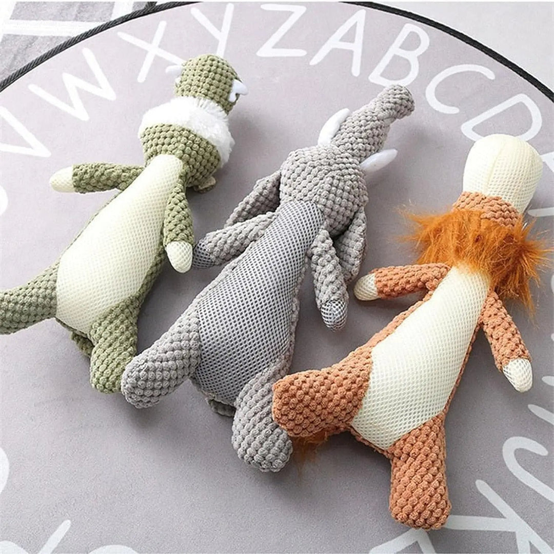 Indestructible plush dog toy with squeaker, designed for aggressive chewers & interactive playtime.