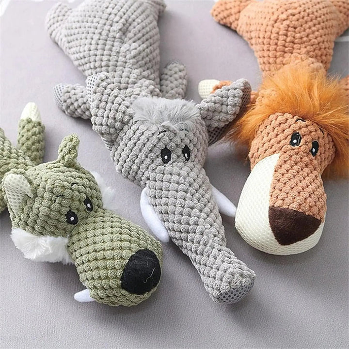 Long-lasting squeaky plush dog chew toy, ideal for aggressive chewers and interactive pet play.