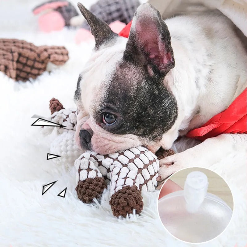 Tough plush dog toy, indestructible design for aggressive chewers, great for dental health.