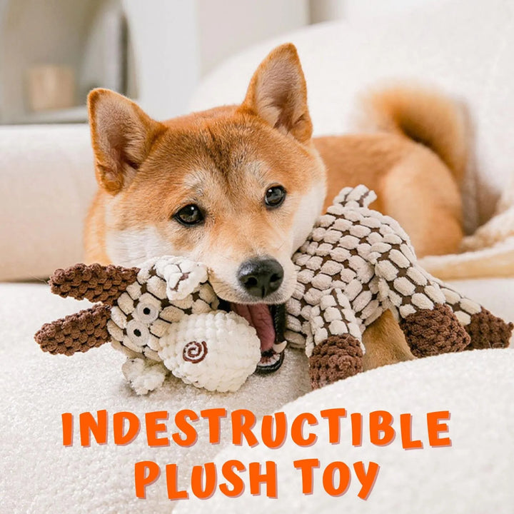 High-quality indestructible plush dog chew toy, built tough for aggressive chewers, pet safe.