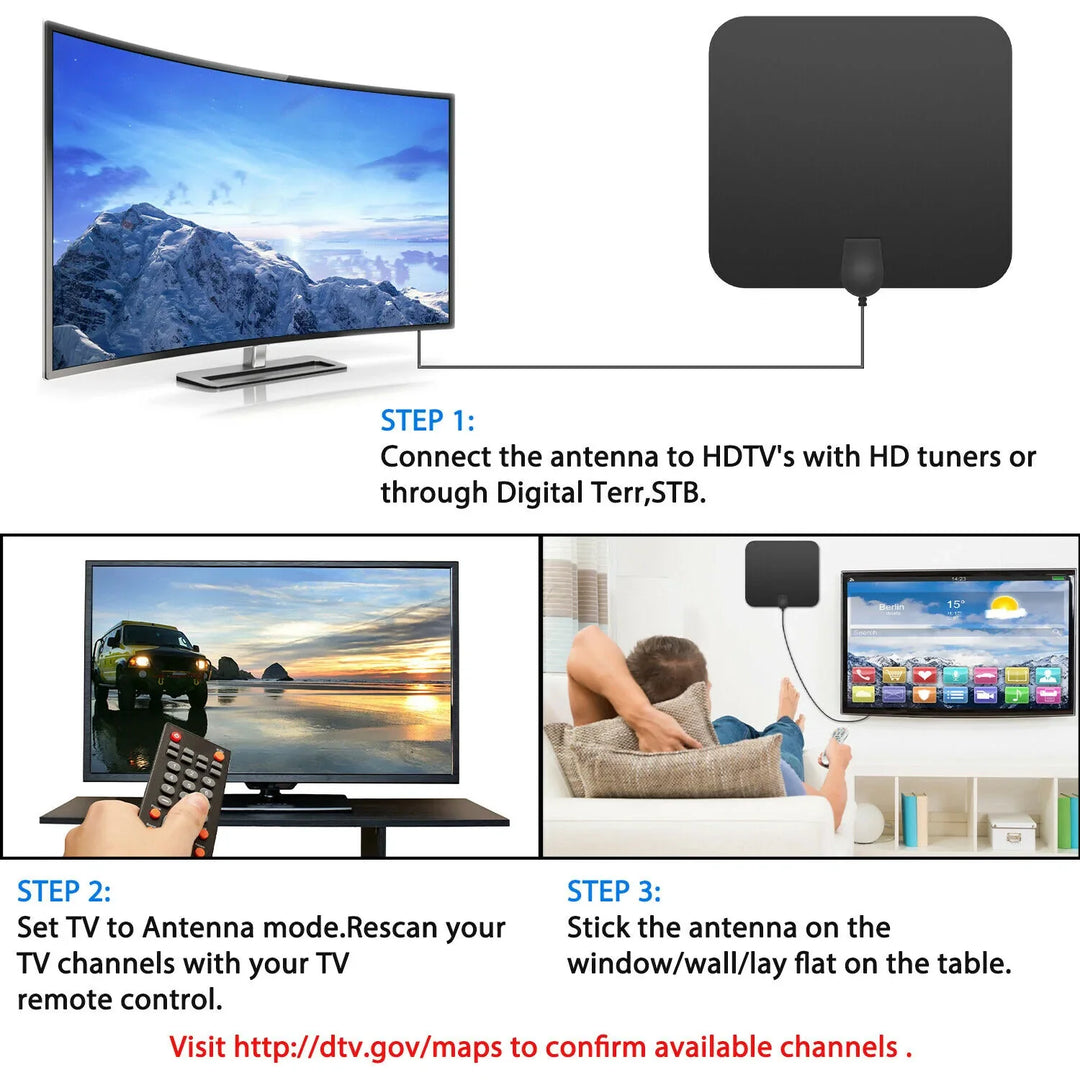 300-mile long range indoor HDTV antenna. Digital signal booster for free, amplified TV reception & cord cutting.
