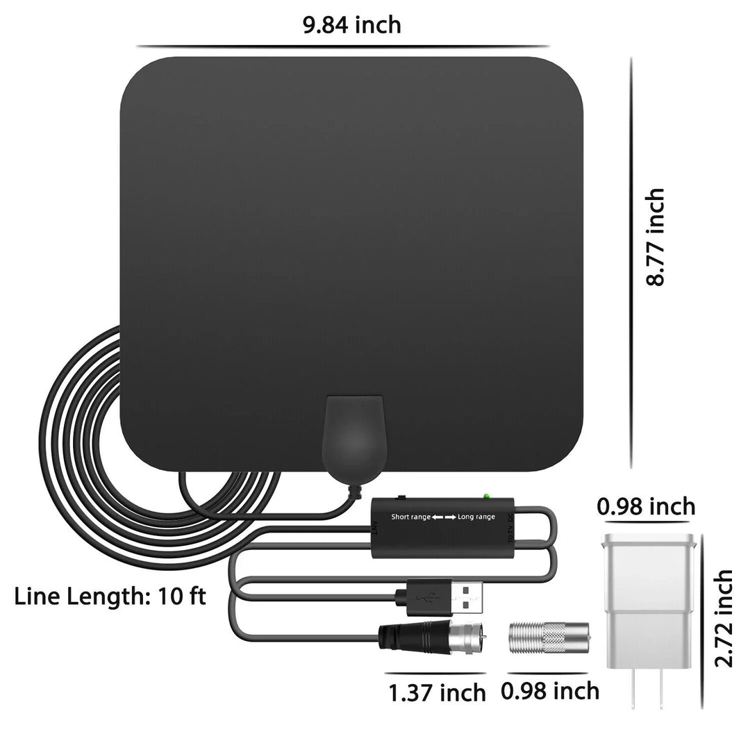 Easy setup amplified indoor TV antenna. Ultra-thin design, perfect for discreet placement, enjoy free HDTV.