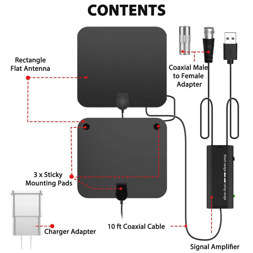 Versatile indoor digital antenna for free TV. Amplified, 300-mile range, crystal clear HDTV, ideal for cord cutters.