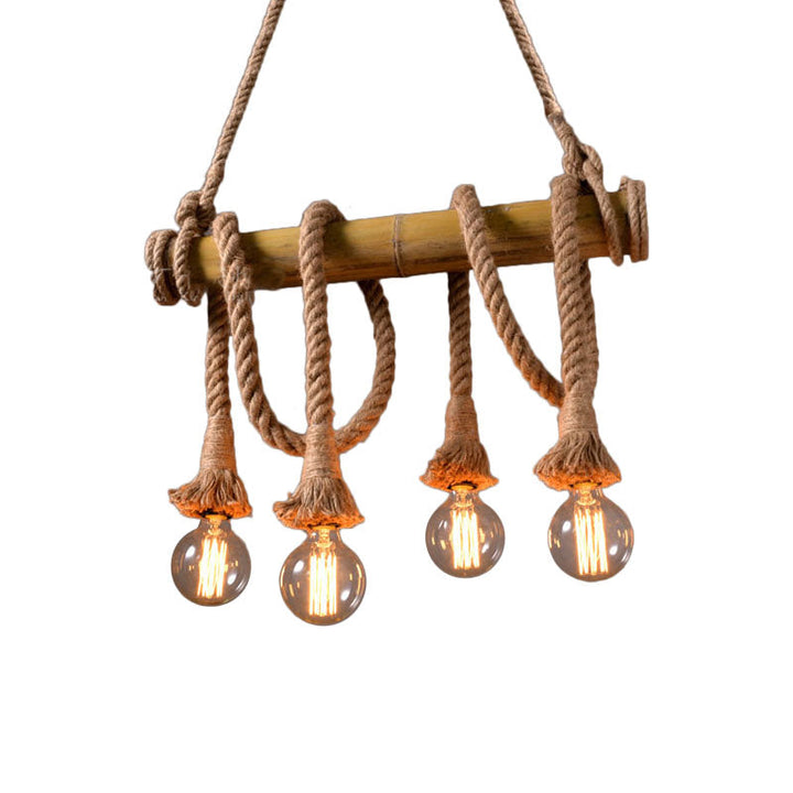 Rustic industrial bamboo ceiling lamp, adjustable height, ideal for natural kitchen decor.